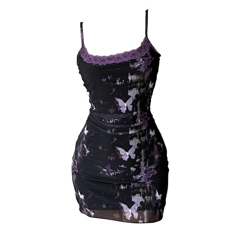 Tie dye mesh butterfly print lace hem cami mini dress