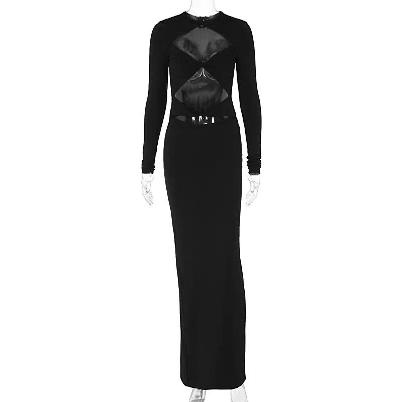 Crewneck long sleeve hollow out maxi dress