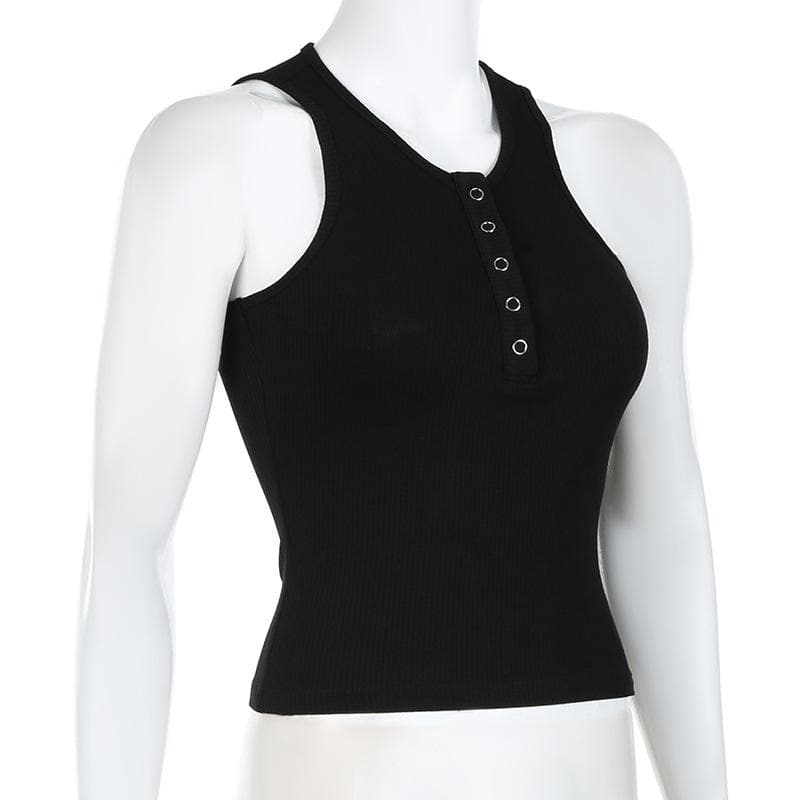Button v neck ribbed solid sleeveless top