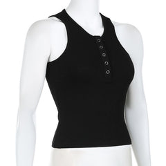 Button v neck ribbed solid sleeveless top