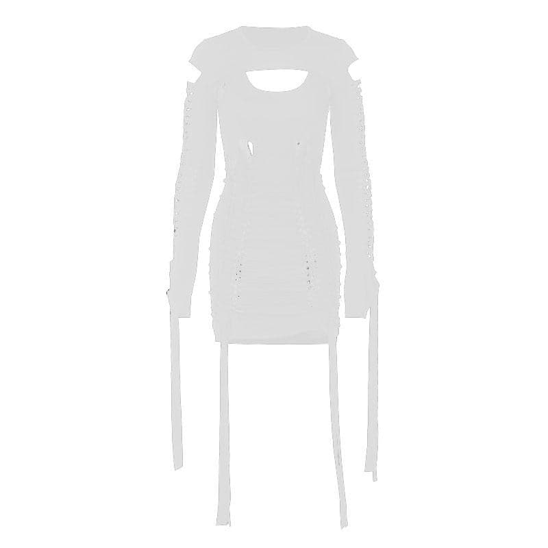 Hollow out solid long sleeve shrug ribbon u neck 2 piece dress  | red tango dress