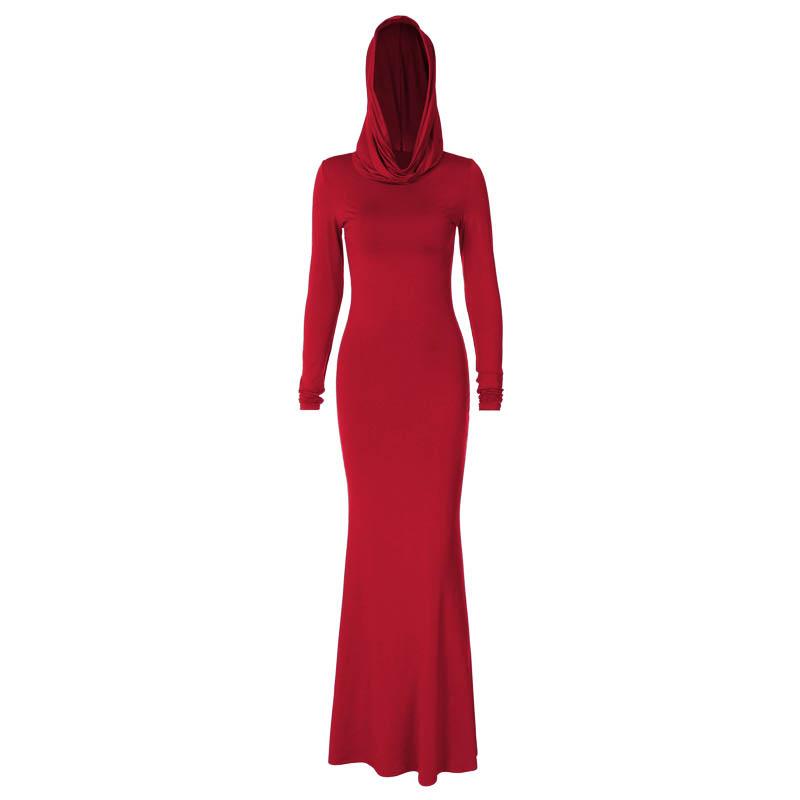 Hoodie long sleeve ruched solid maxi dress  | red tango dress