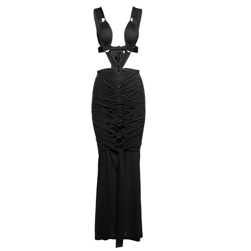 O ring textured hollow out self tie ruched tank maxi dress  | red tango dress