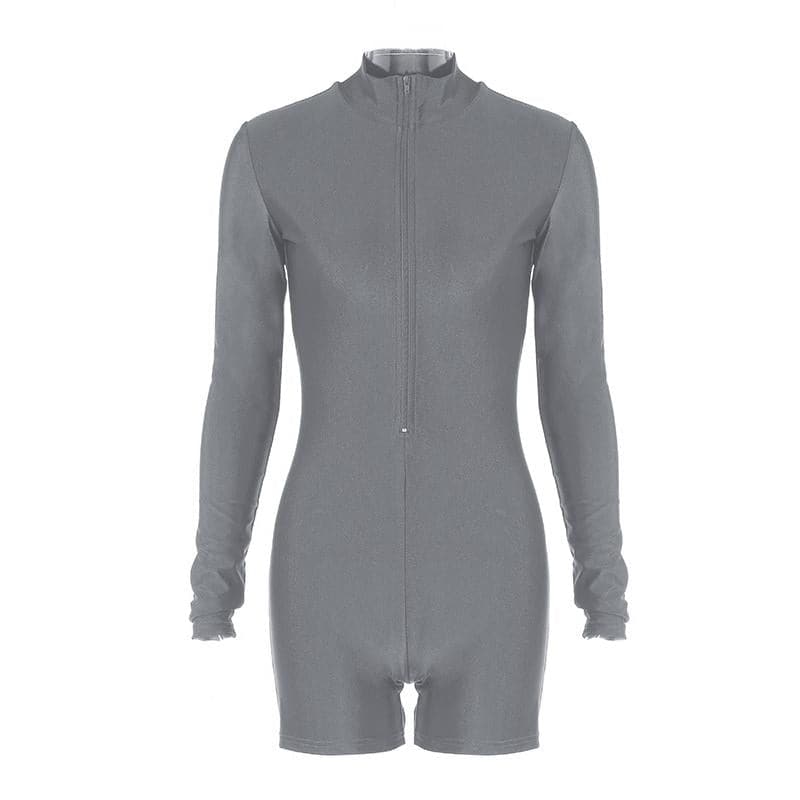Zip-up solid long sleeve high neck romper