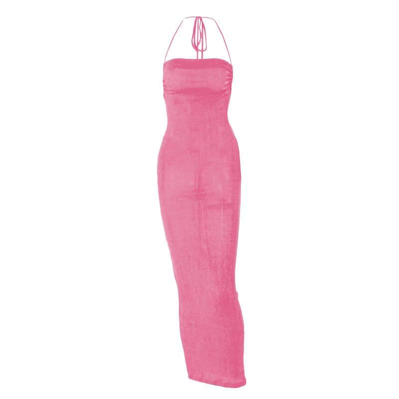 Halter ruched backless lace up solid self tie maxi dress