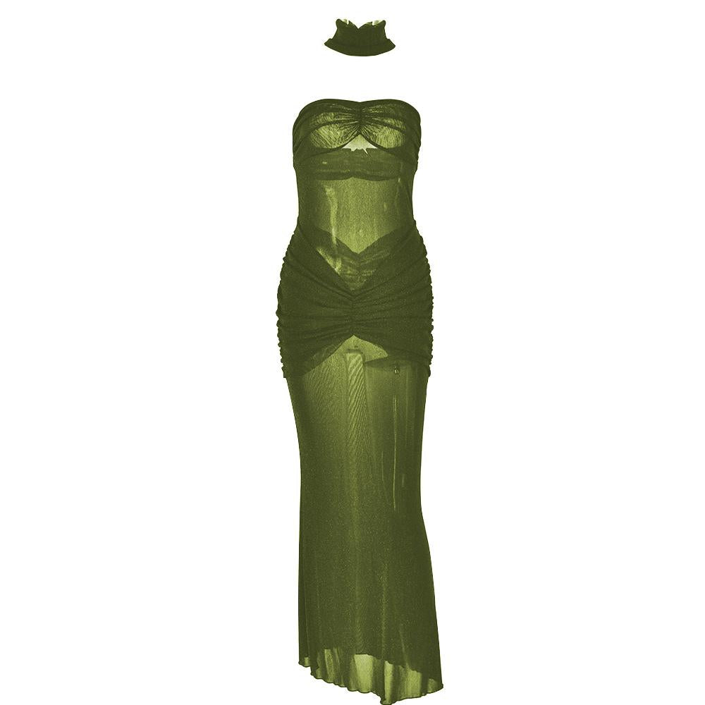 Sweetheart neck ruched see through glitter tube maxi dress