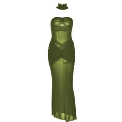 Sweetheart neck ruched see through glitter tube maxi dress