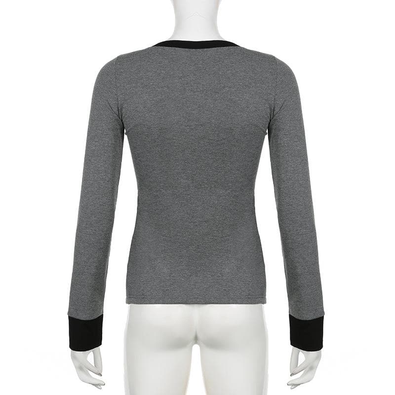Button contrast stitch long sleeve v neck top