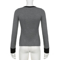 Button contrast stitch long sleeve v neck top