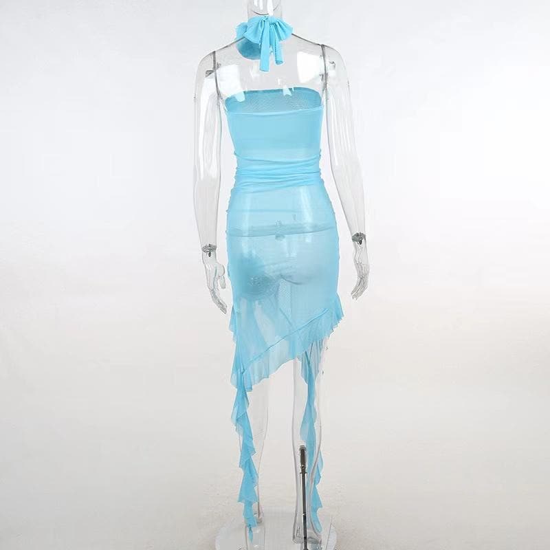 Solid slit sheer mesh see through flower applique mini dress  | red tango dress  | samba dress