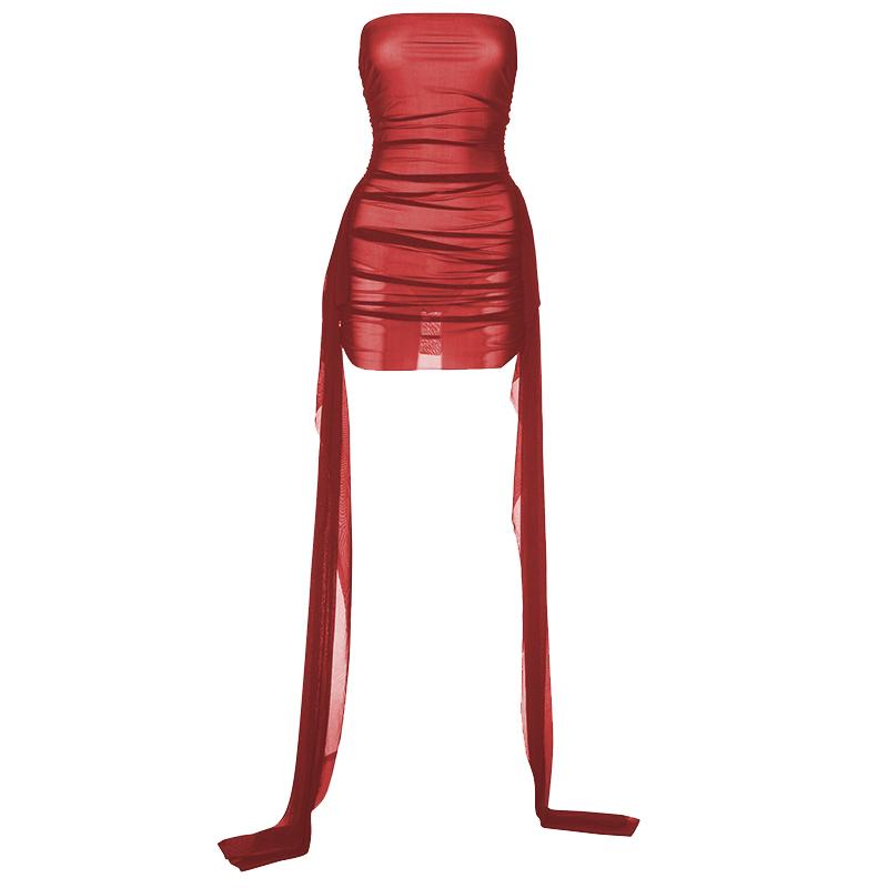 Mesh ruffle ruched tube mini dress  | red tango dress