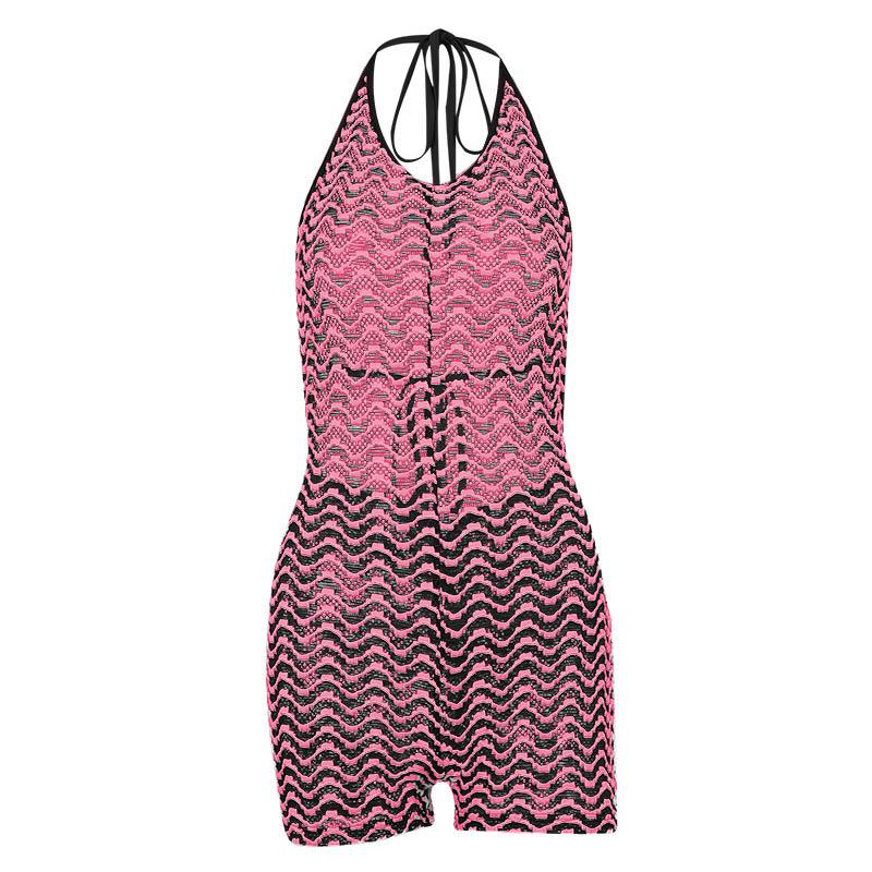 Textured see through halter self tie contrast backless romper