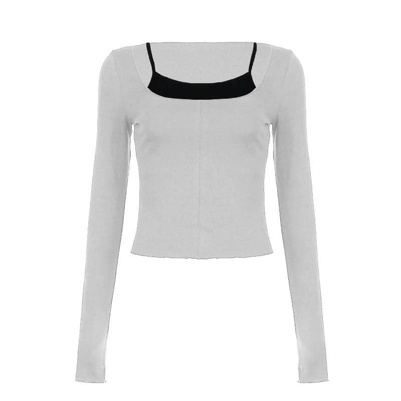 Contrast patchwork long sleeve round neck top