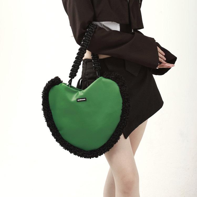 Heart fluffy contrast plaid shoulder handbag