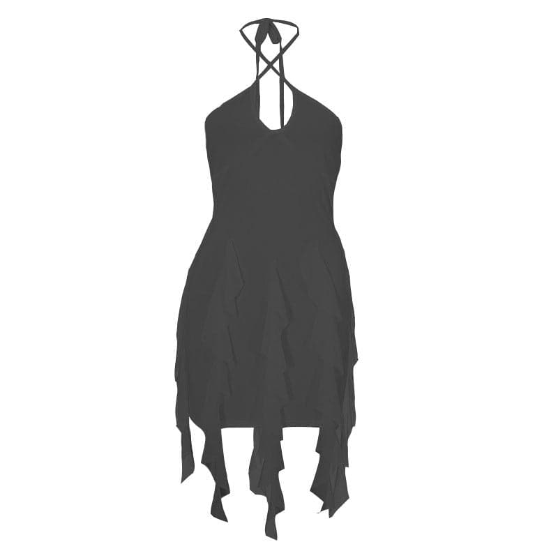 Ruffle halter solid cross front backless self tie mini dress  | black rave dress  | black rave dress