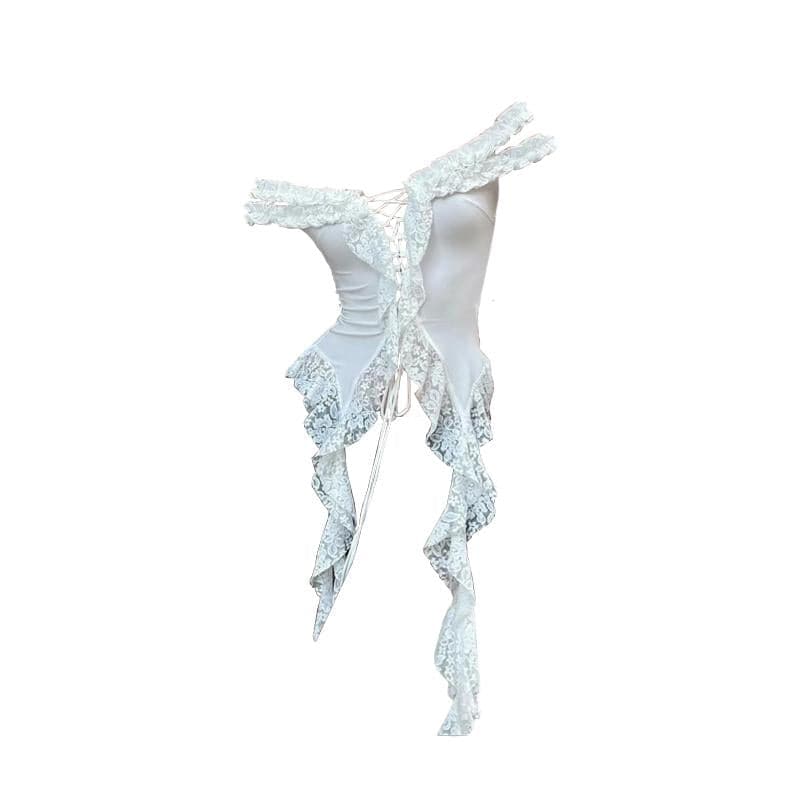 Off shoulder lace up ruffle lace hem top