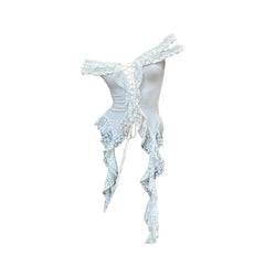 Off shoulder lace up ruffle lace hem top