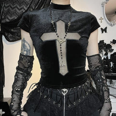 Cap sleeve mesh cross pattern velvet high neck solid top