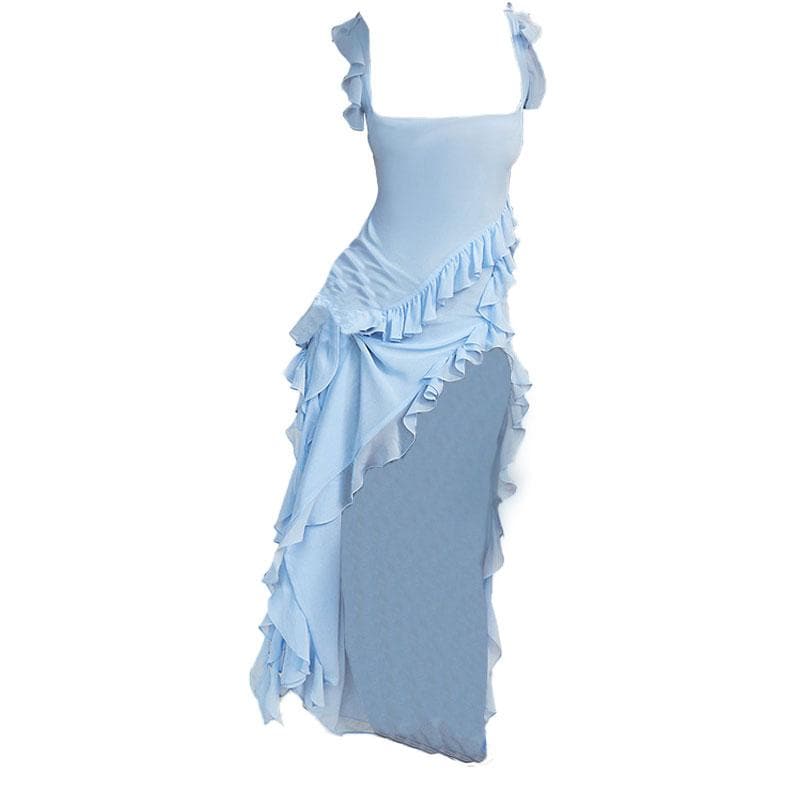 Ruffle cap sleeve slit square neck irregular solid maxi dress  | red tango dress