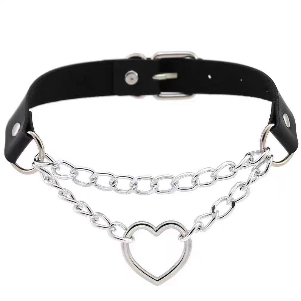PU leather rivet o ring metal chain necklace