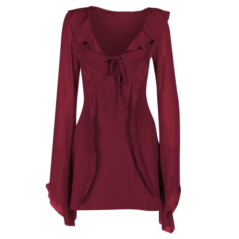 Ruffle long flared sleeve self tie chiffon solid mini dress