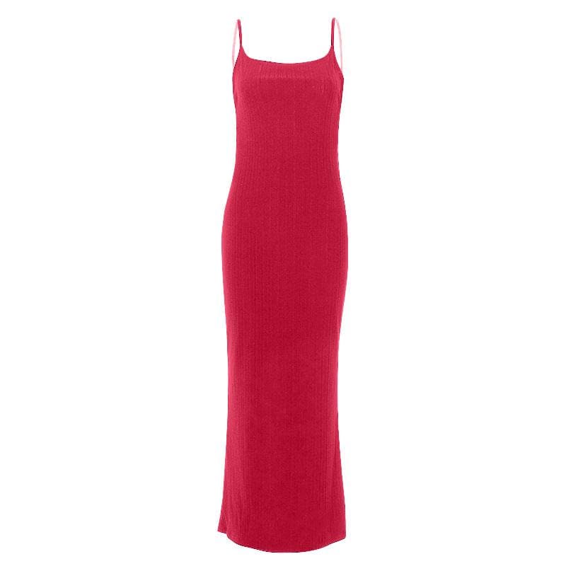 Backless self tie ribbed square neck solid cami maxi dress  | red tango dress