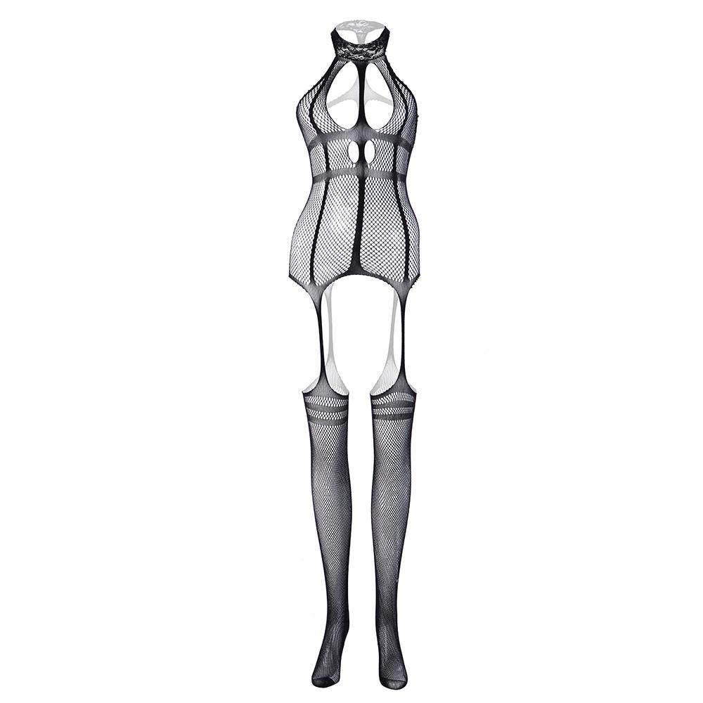 High neck fishnet suspender strappy bodystocking