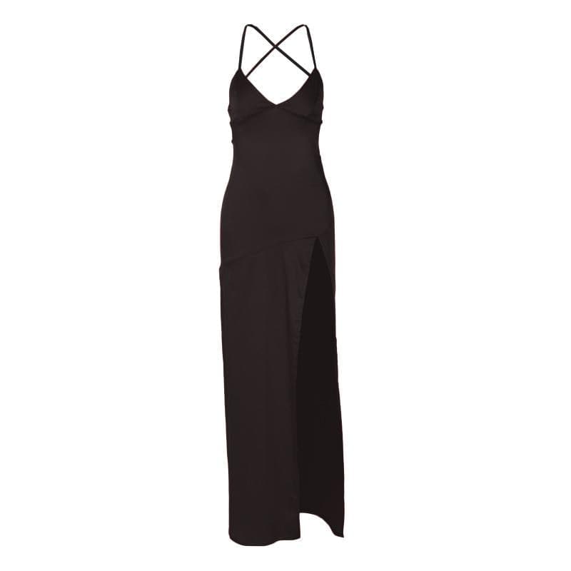 Slit cross back satin backless solid v neck maxi dress  | red tango dress  | black rave dress