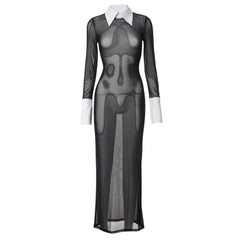 Long sleeve turnover collar mesh see through maxi dress