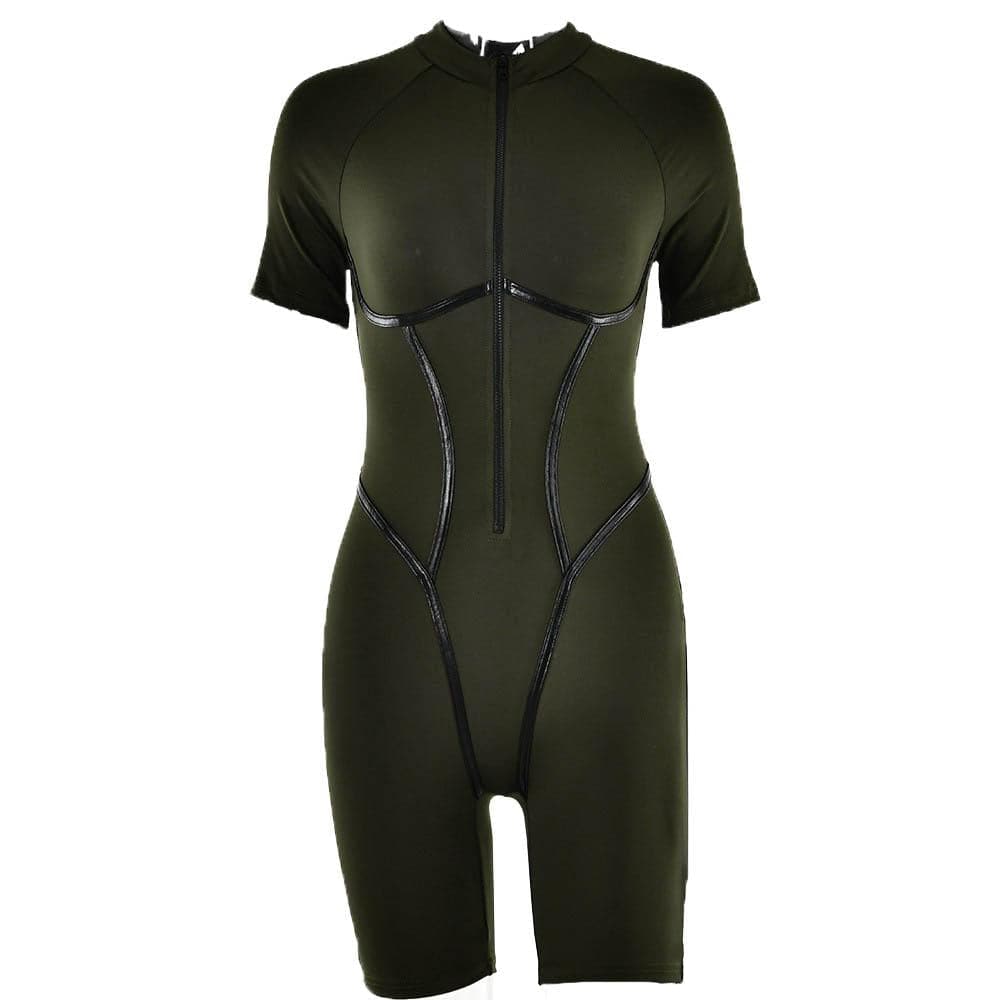 Short sleeve zip-up stitch high neck romper