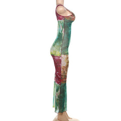 Sheer mesh ruffle square neck print tank maxi dress  | samba dress