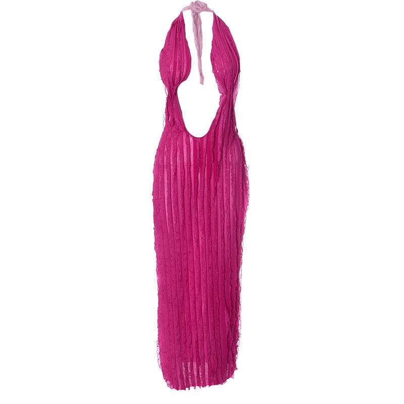 Textured ruffle solid halter self tie v neck backless maxi dress  | red tango dress