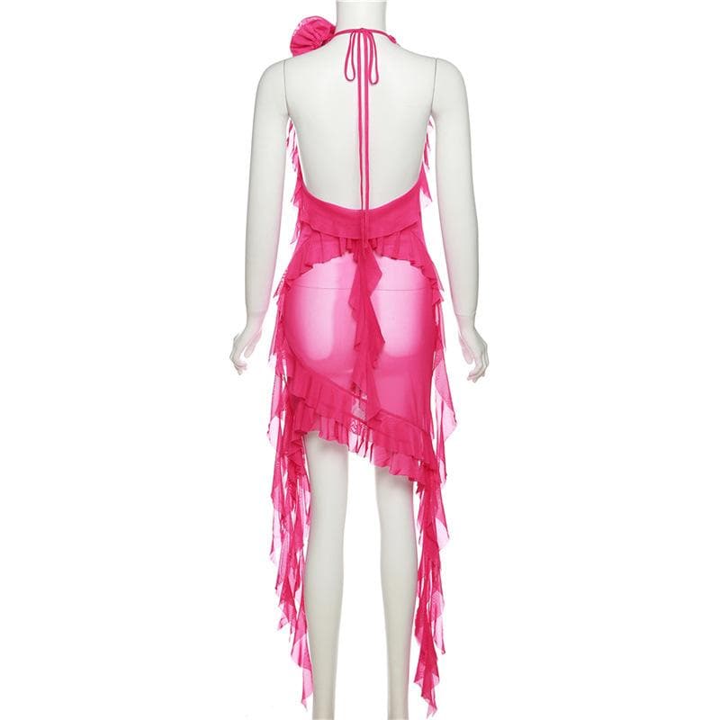 See through halter sheer mesh ruffle flower applique mini dress  | red tango dress  | samba dress