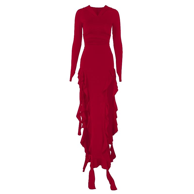 Long sleeve hoodie gloves ruffle maxi dress  | red tango dress