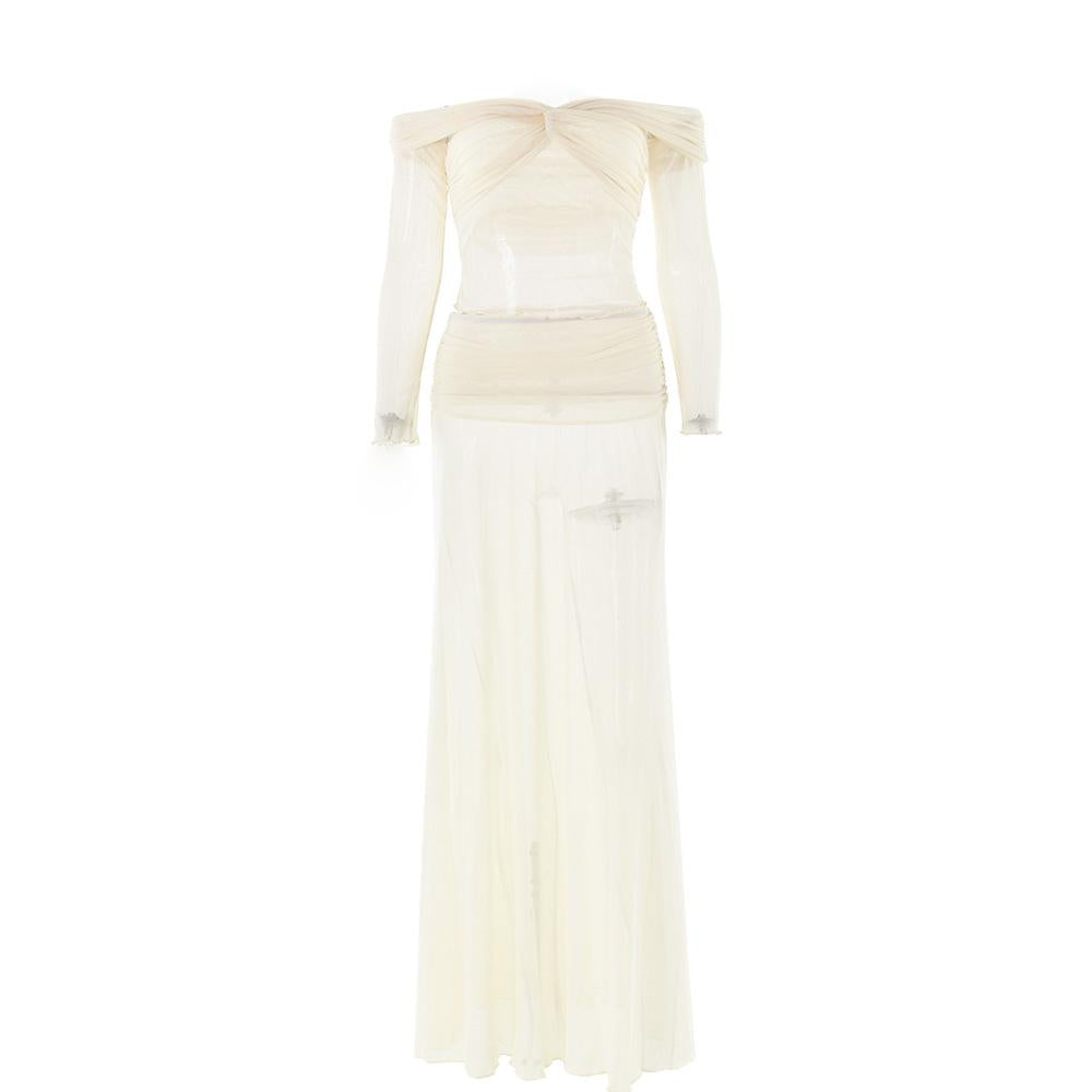 Long sleeve off shoulder sheer mesh maxi skirt set