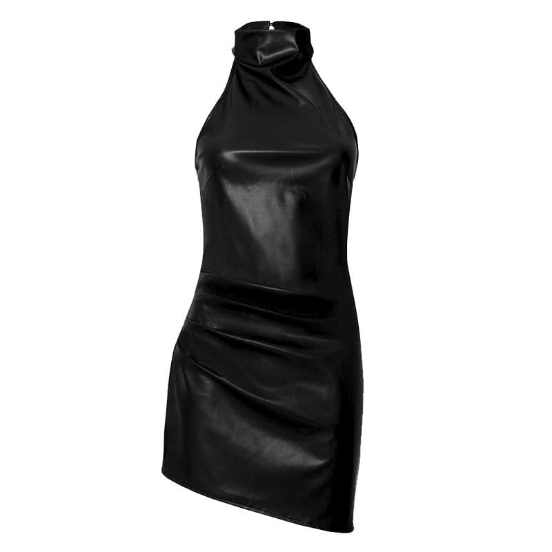 PU leather halter ruched button mini dress