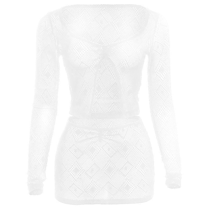 See through hollow out slit long sleeve mini skirt set