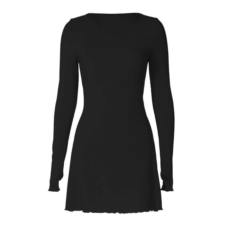 Ribbed solid long sleeve gloves lace up ruffle mini dress  | red tango dress
