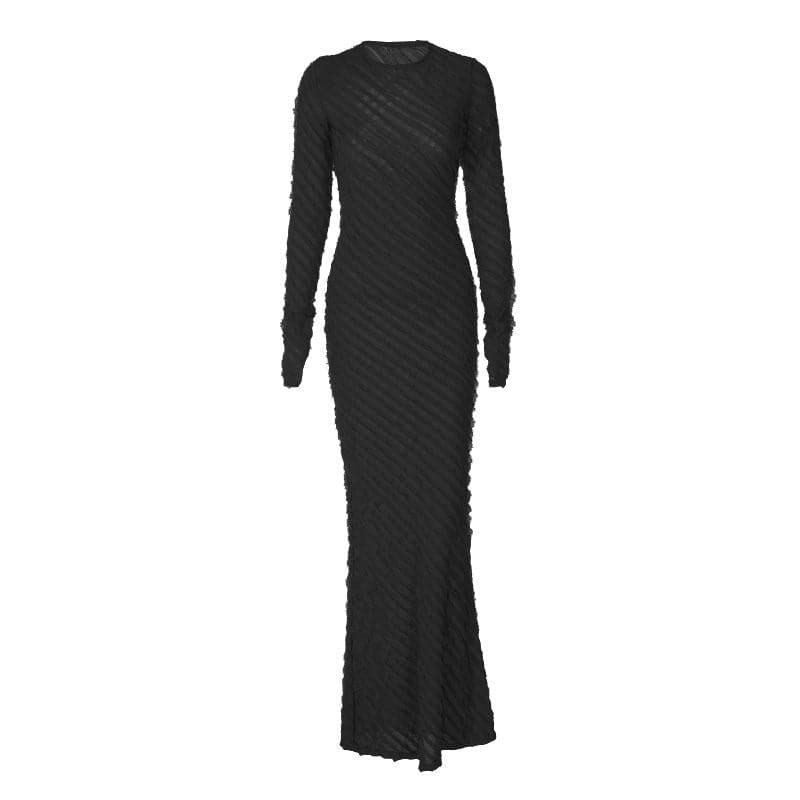 Textured long sleeve crewneck ruffle solid maxi dress  | red tango dress
