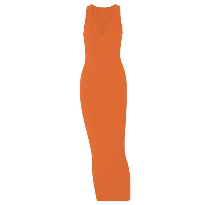 Ribbed notch neck sleeveless low cut solid maxi dress  | red tango dress