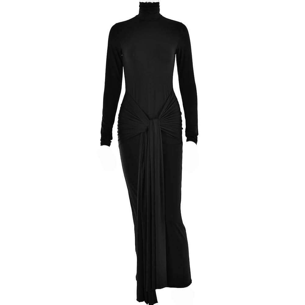 Ruched solid long sleeve turtle neck self tie maxi dress  | red tango dress