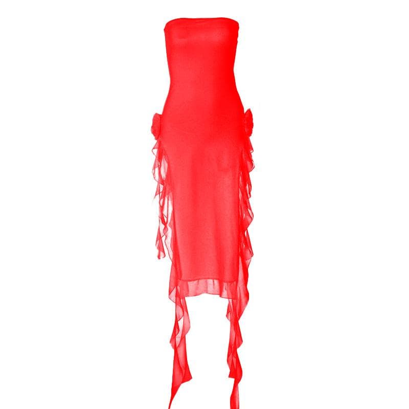 Flower applique solid backless ribbon slit tube maxi dress  | red tango dress