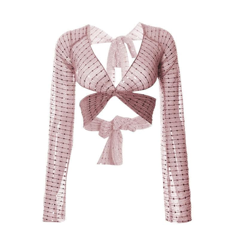 Sheer mesh see through knotted self tie long sleeve glitter crop top