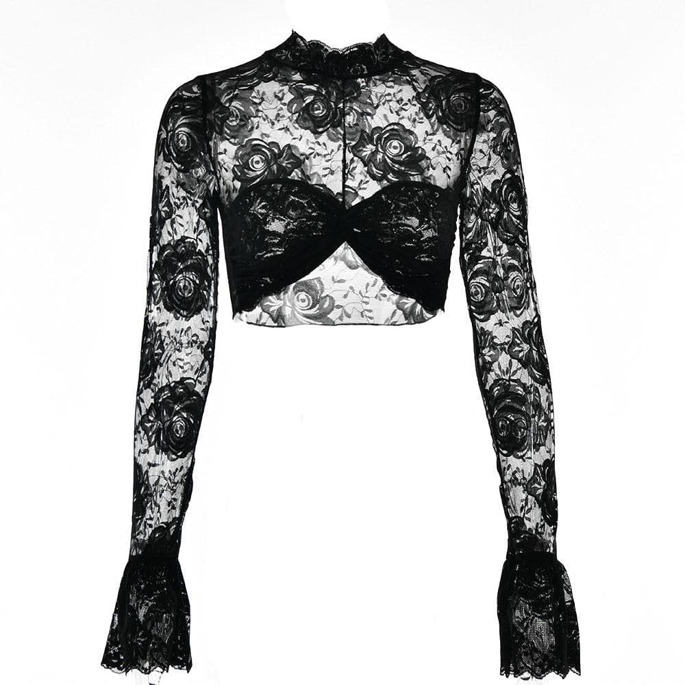 Sheer mesh see through solid flared sleeve ruched crop top