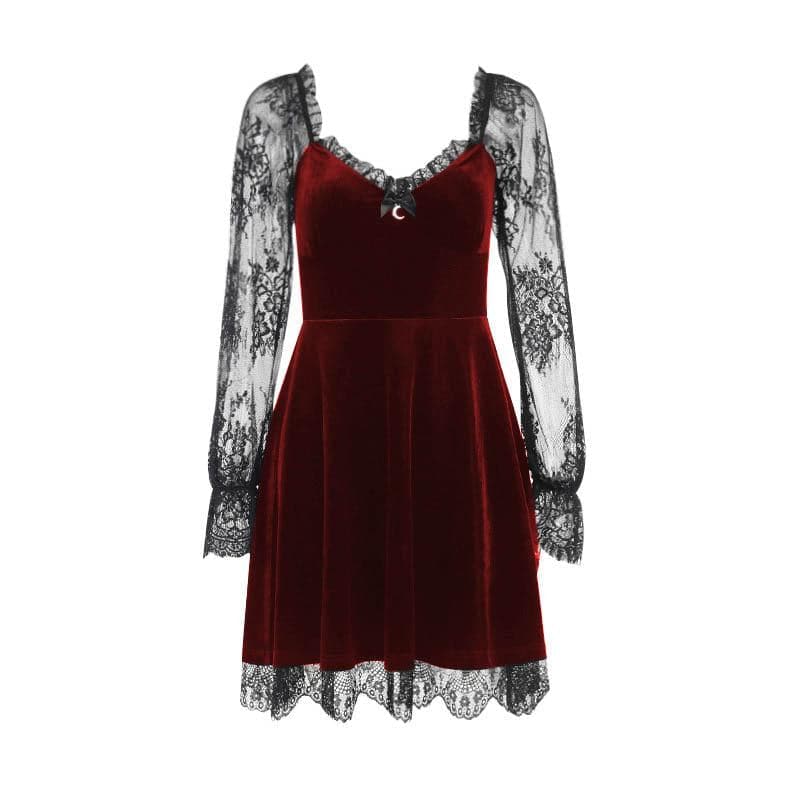 Velvet lace patchwork long sleeve contrast mini dress  | red tango dress