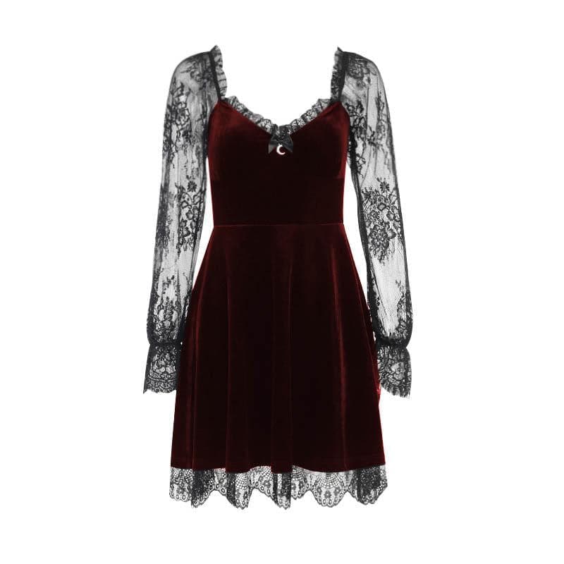 Velvet lace patchwork long sleeve contrast mini dress  | red tango dress