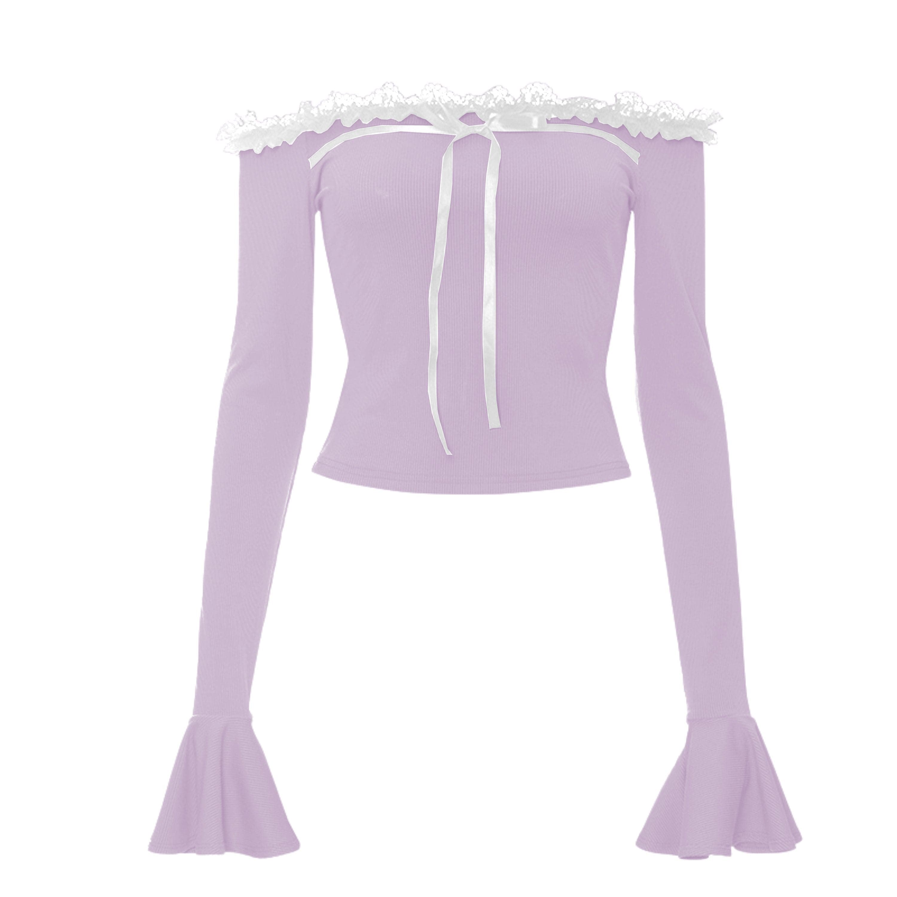 Long flared sleeve off shoulder bowknot lace hem top