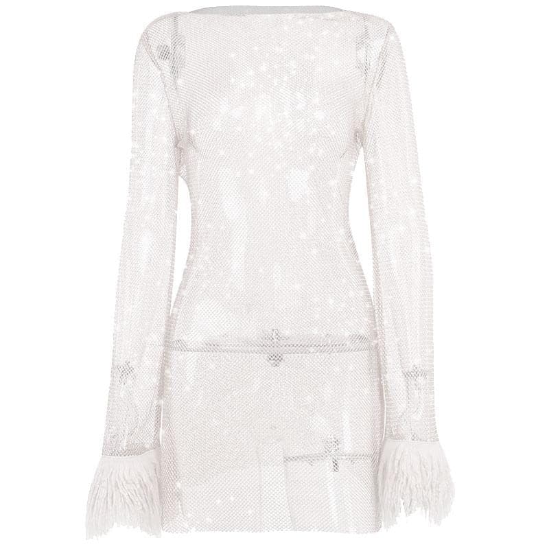 Long sleeve solid see through sheer mesh fluffy round neck mini dress  | samba dress