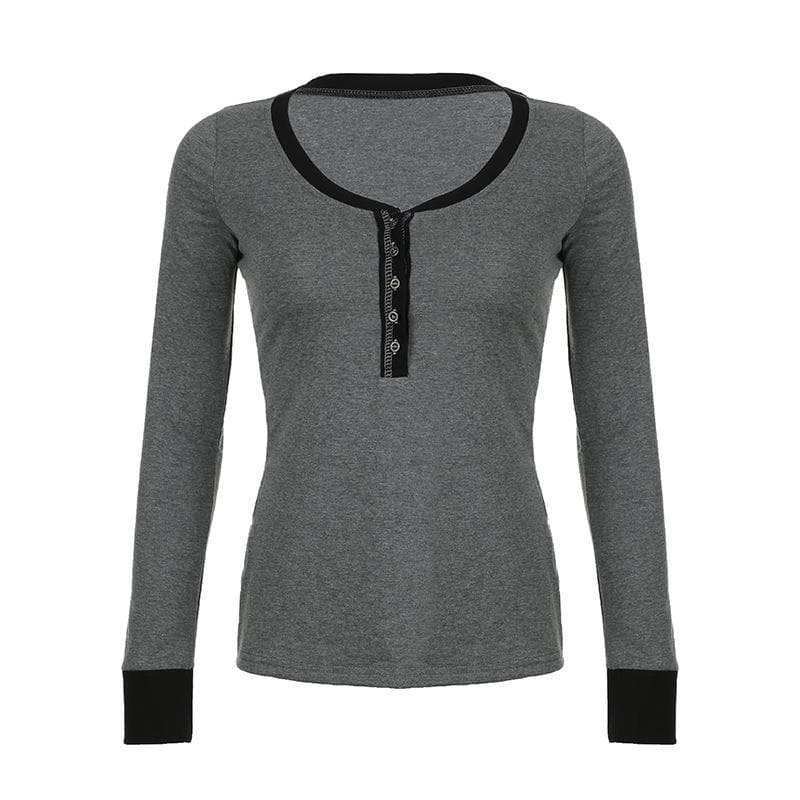 Button contrast stitch long sleeve v neck top
