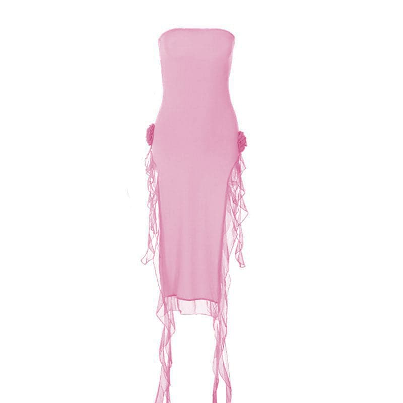 Flower applique solid backless ribbon slit tube maxi dress  | red tango dress